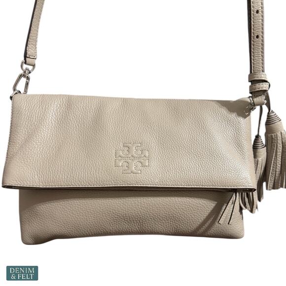 Tory Burch Thea Leather Foldover Crossbody Bag  Purse Gray Herron Tassel Neutral - Picture 4 of 16